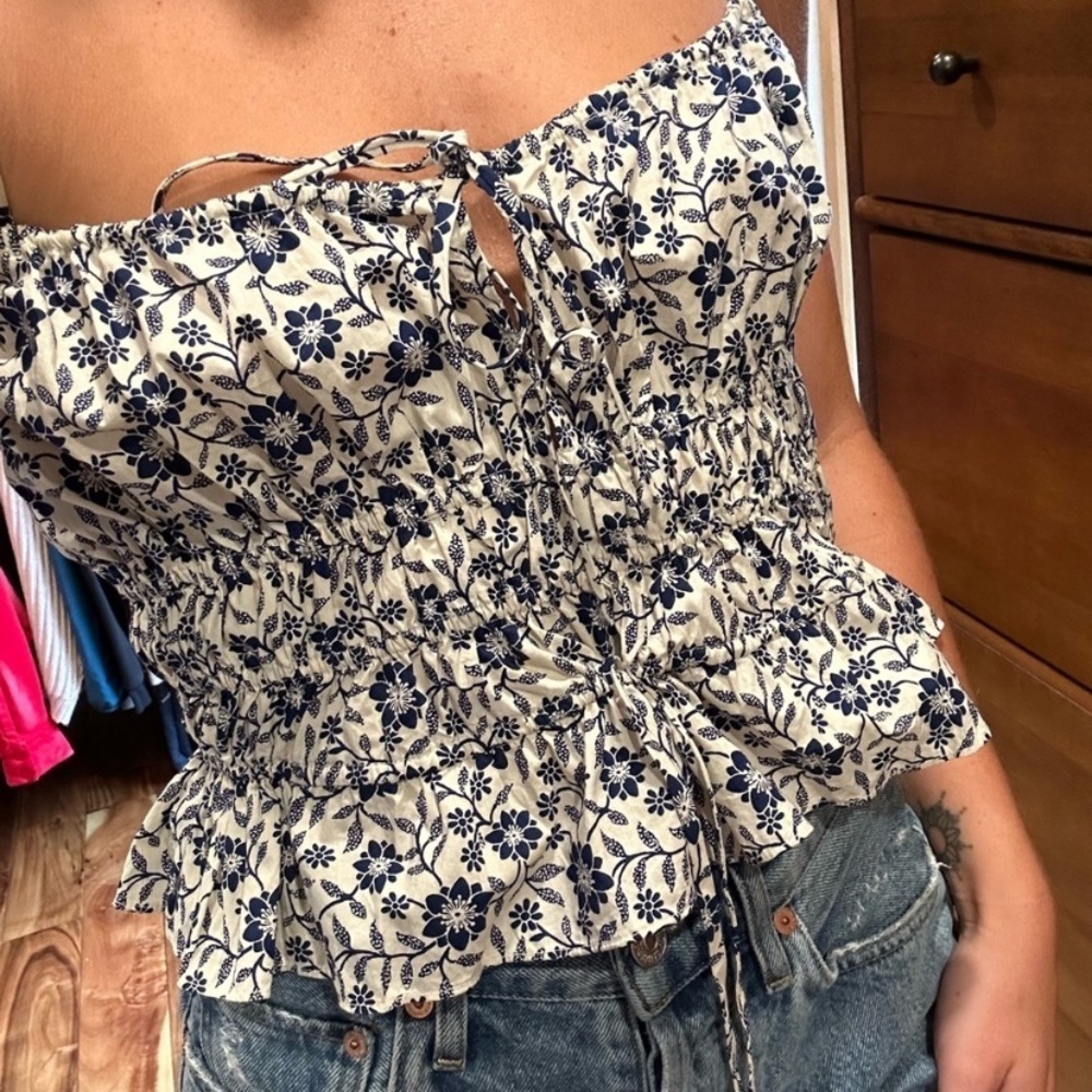 Doen Finella Cotton Ruffle Smocked Camisole Blouse Top Cream Jessamine Calico